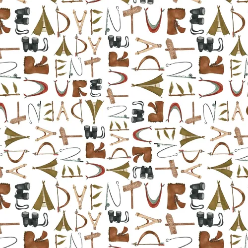 Pattern of camping and hiking gear with the word adventure repeated