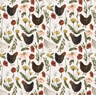 Pattern of chickens and colorful wildflowers on white background