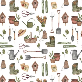 Pattern with gardening tools, pots, seeds, birdhouses, and plants