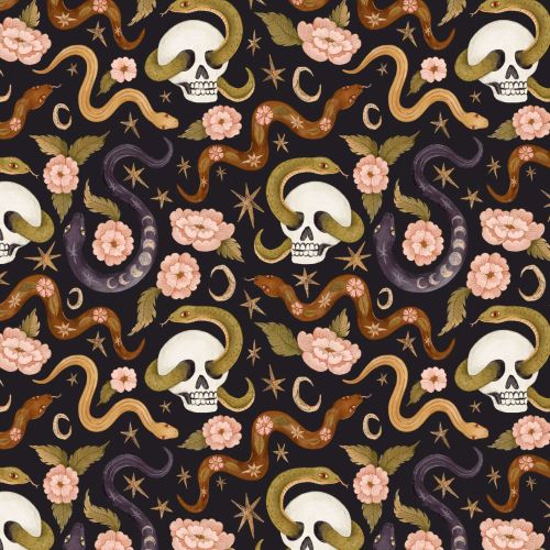 Pattern of skulls, snakes, flowers, and stars on dark background