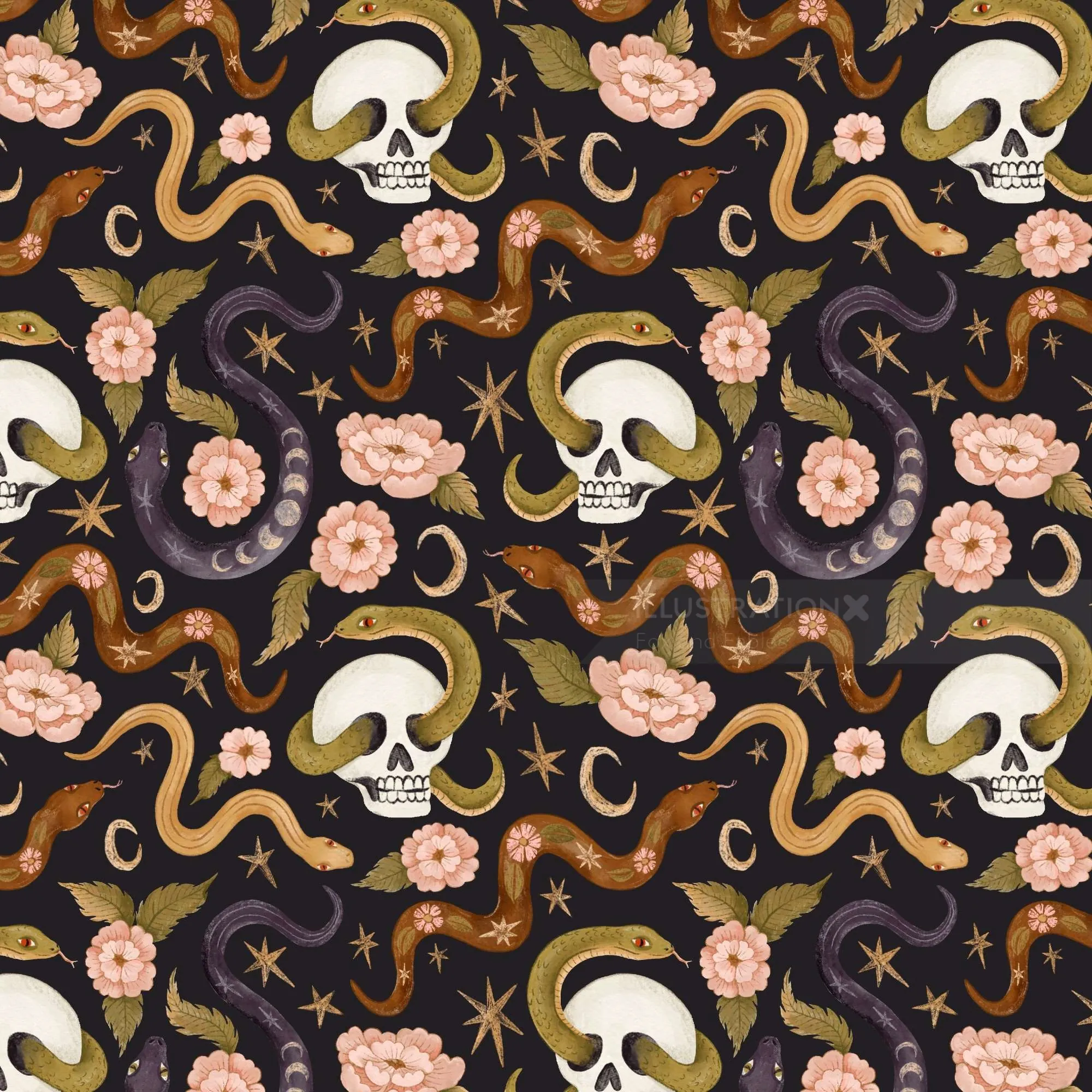 Pattern of skulls, snakes, flowers, and stars on dark background