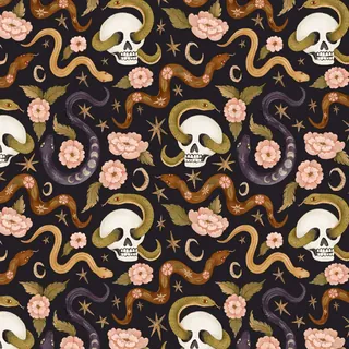 Pattern of skulls, snakes, flowers, and stars on dark background