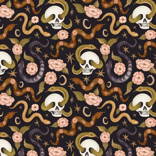 Pattern of skulls, snakes, flowers, and stars on dark background