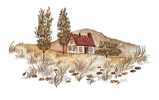 Small house with red roof in grassy field and trees