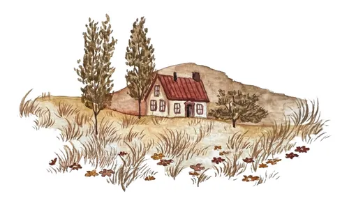 Small house with red roof in grassy field and trees