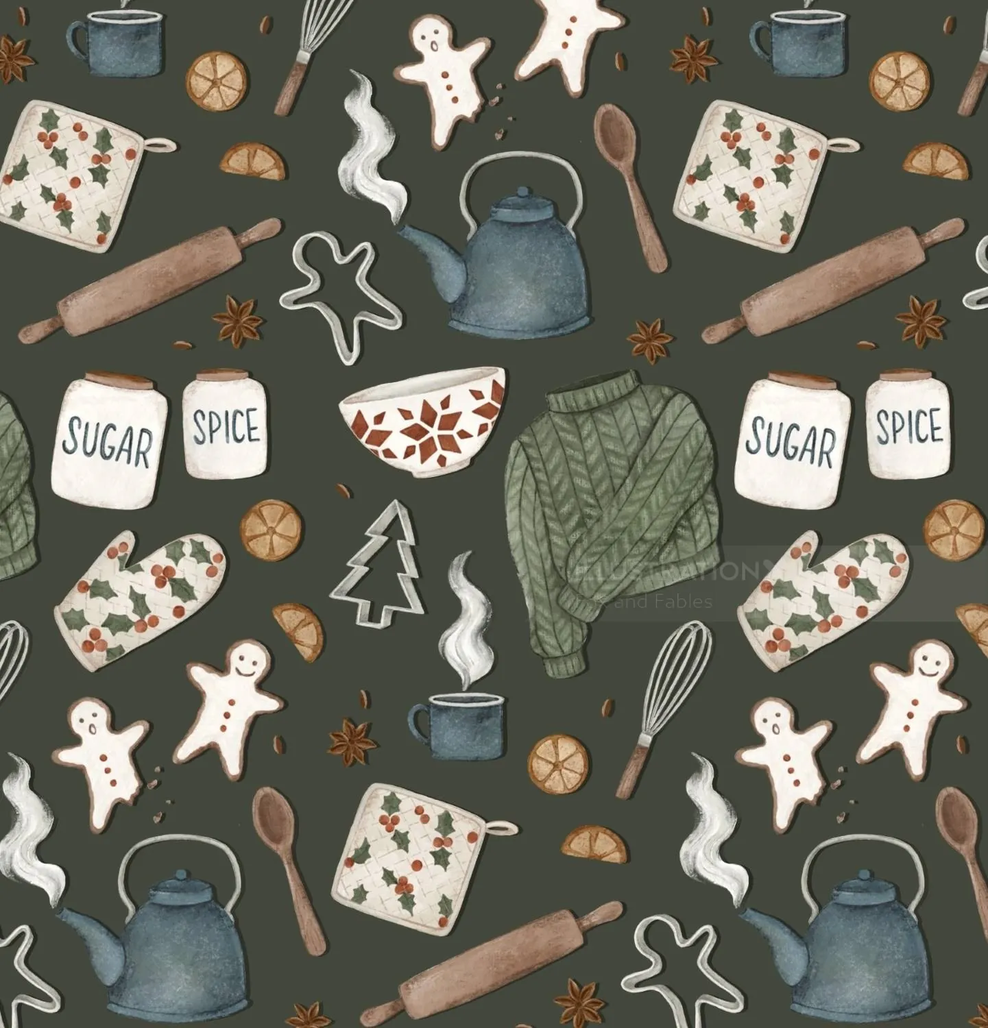 Pattern of gingerbread cookies, tea kettle, mittens, and baking tools