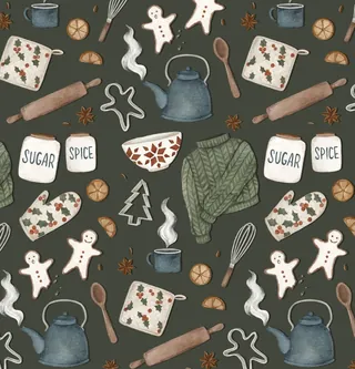 Pattern of gingerbread cookies, tea kettle, mittens, and baking tools