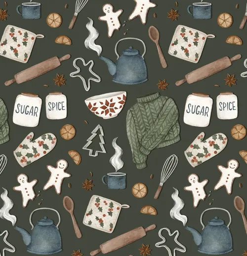 Pattern of gingerbread cookies, tea kettle, mittens, and baking tools