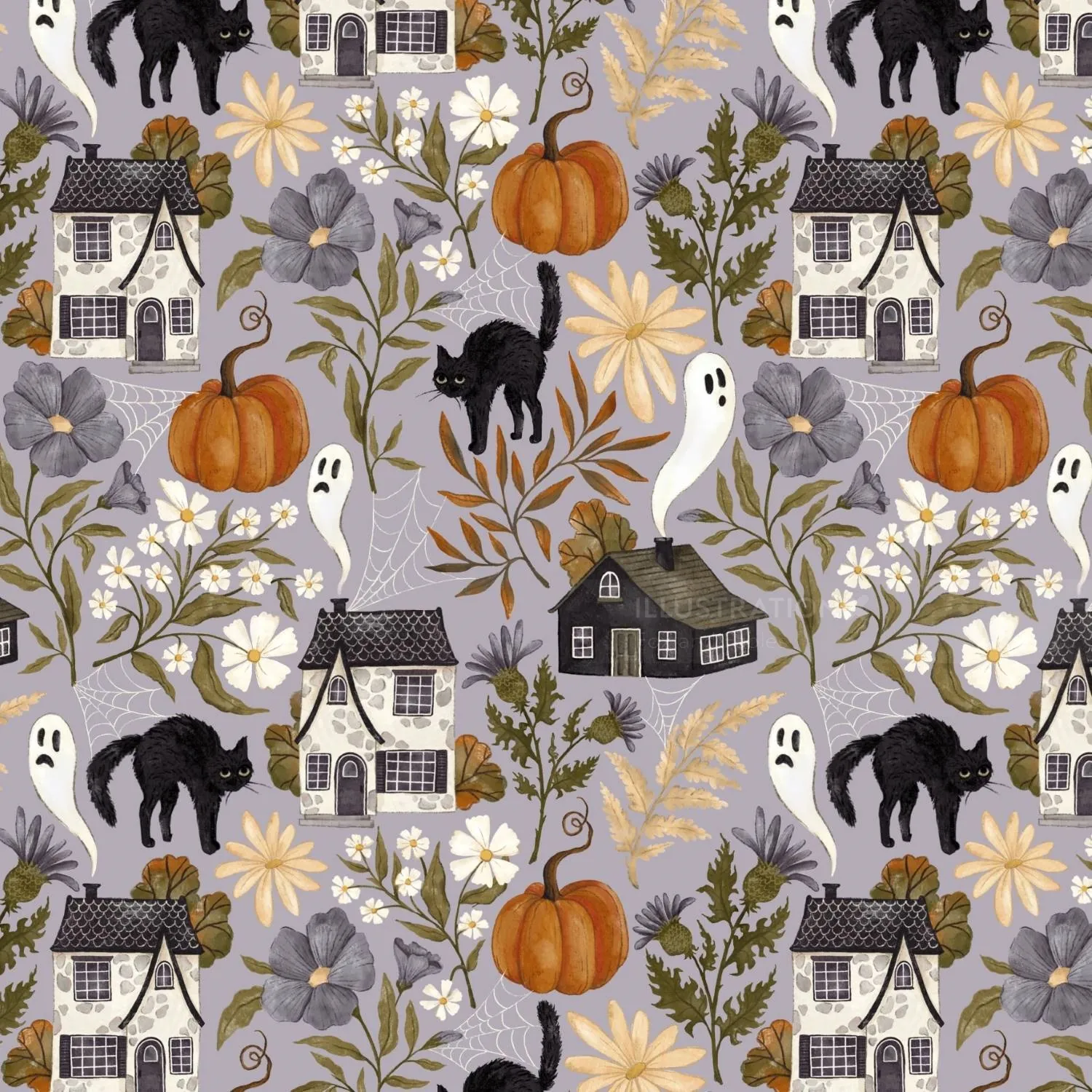 Seamless Halloween pattern featuring black cats, pumpkins, ghosts, flowers, and houses