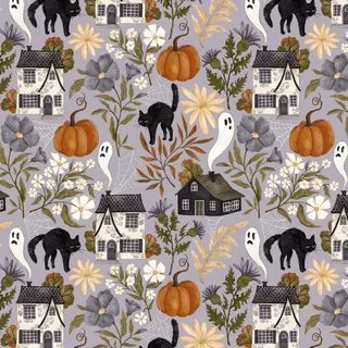 Seamless Halloween pattern featuring black cats, pumpkins, ghosts, flowers, and houses