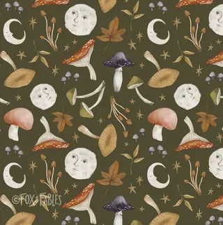 Pattern of mushrooms, crescent moons, full moons, stars, and autumn leaves