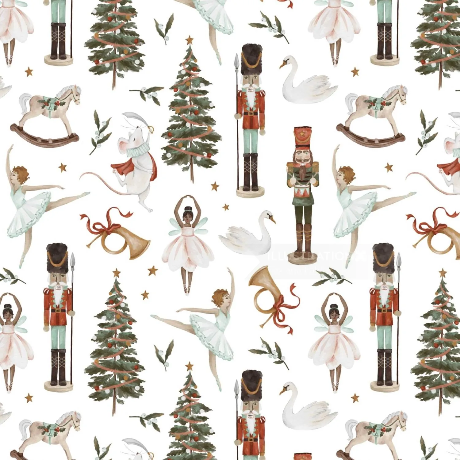 Nutcracker, ballerinas, Christmas trees, swans, and festive decorations pattern