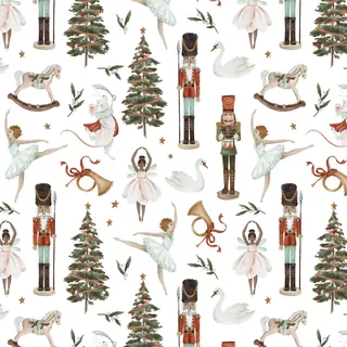 Nutcracker, ballerinas, Christmas trees, swans, and festive decorations pattern