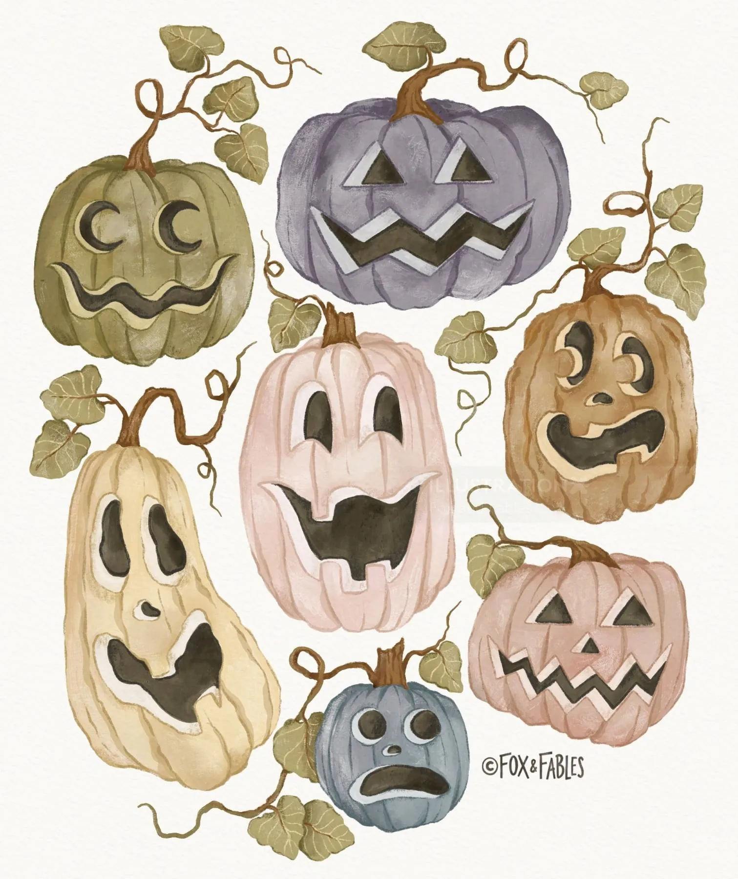 Six spooky Halloween pumpkins with carved faces and vine leaves