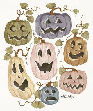 Six spooky Halloween pumpkins with carved faces and vine leaves
