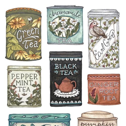 Colorful tea tins labeled with different tea flavors and illustrations
