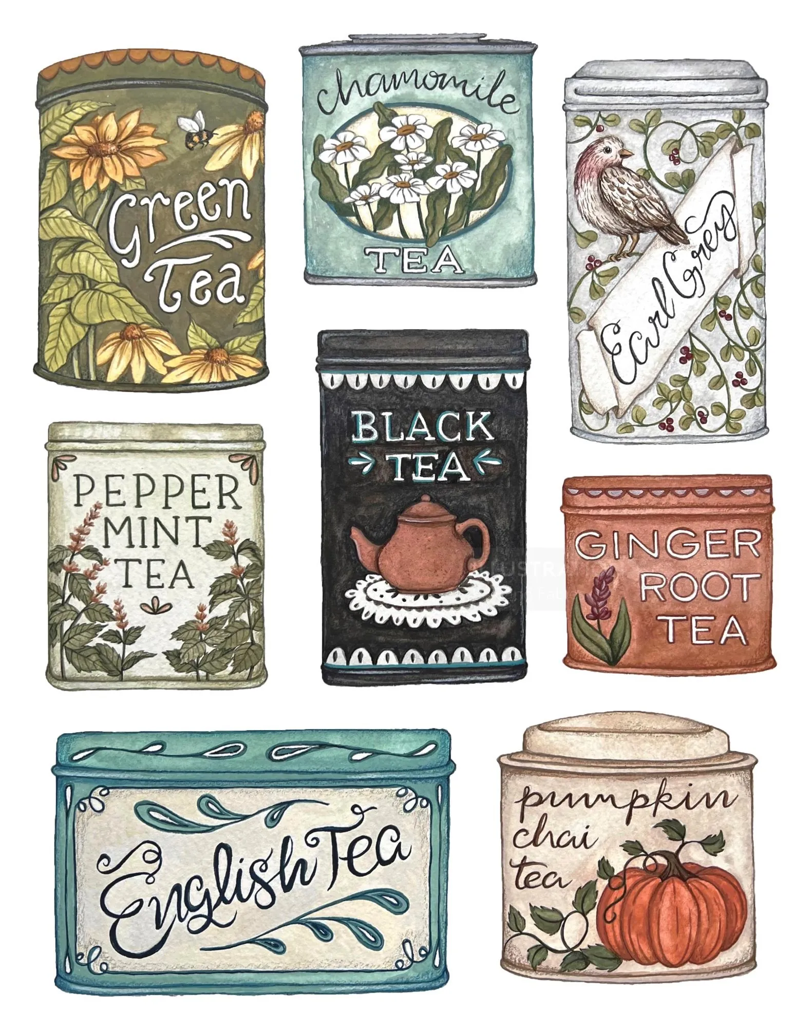 Colorful tea tins labeled with different tea flavors and illustrations