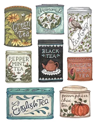 Colorful tea tins labeled with different tea flavors and illustrations