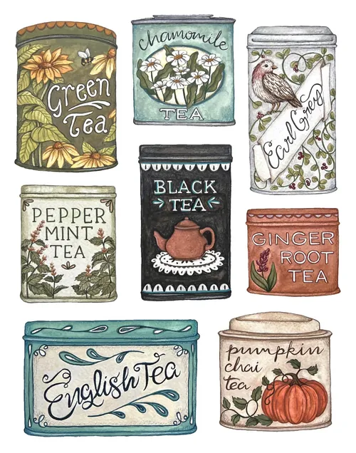 Colorful tea tins labeled with different tea flavors and illustrations