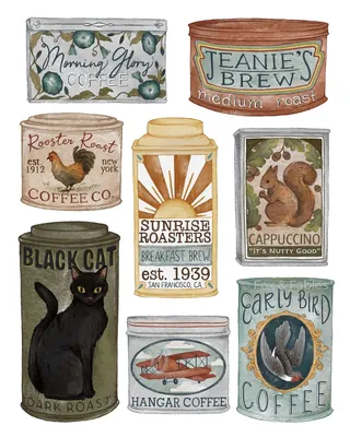 Vintage coffee tins and jars with different brand labels and designs