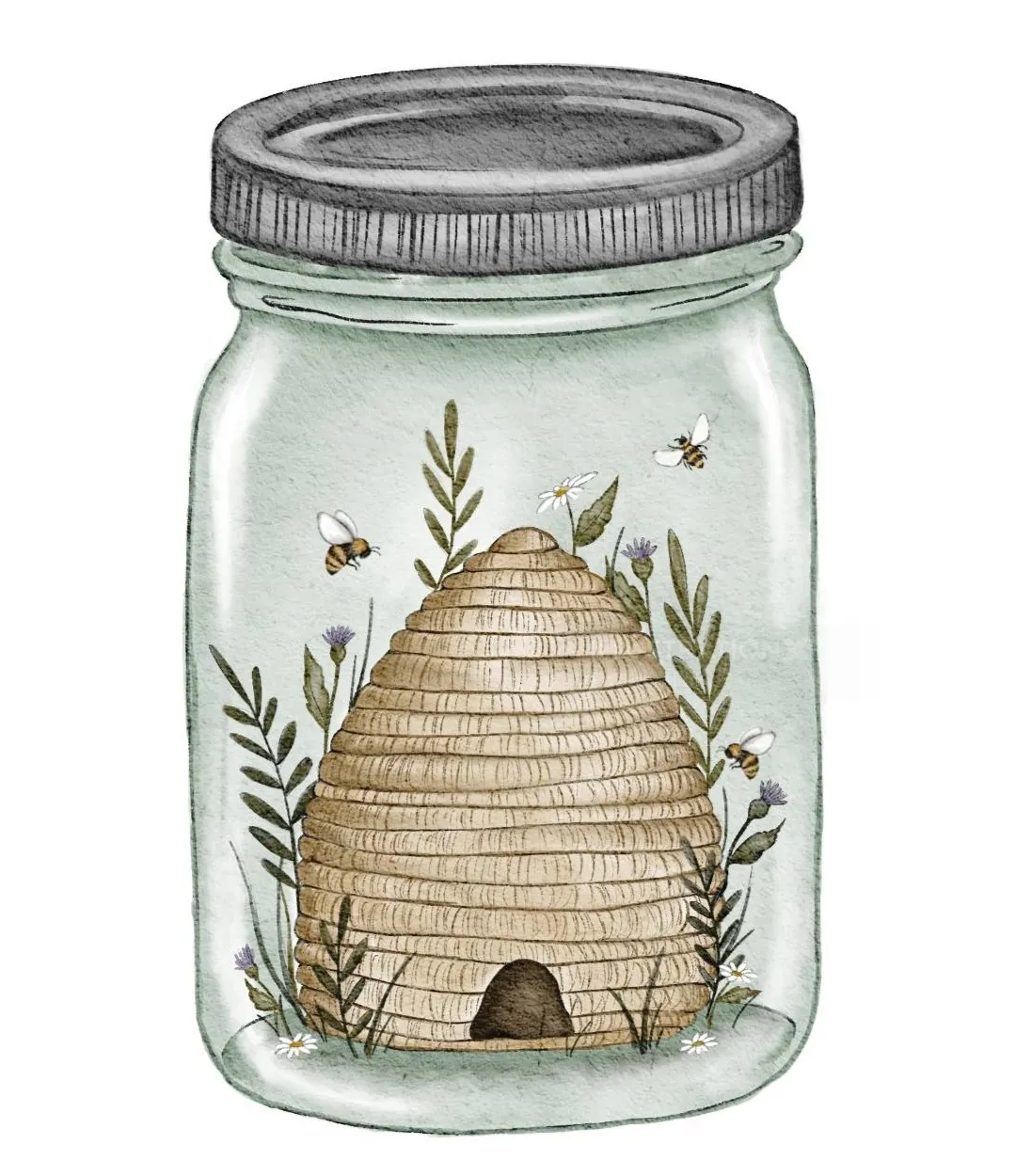 Beehive with bees inside a glass jar surrounded by plants
