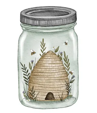 Beehive with bees inside a glass jar surrounded by plants