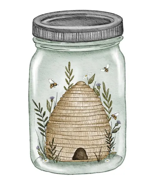 Beehive with bees inside a glass jar surrounded by plants