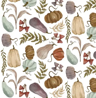 Watercolor seamless pattern with pumpkins, gourds, mushrooms, and leaves