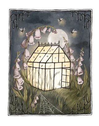Glowing greenhouse surrounded by foxglove flowers at night by Fox and Fables