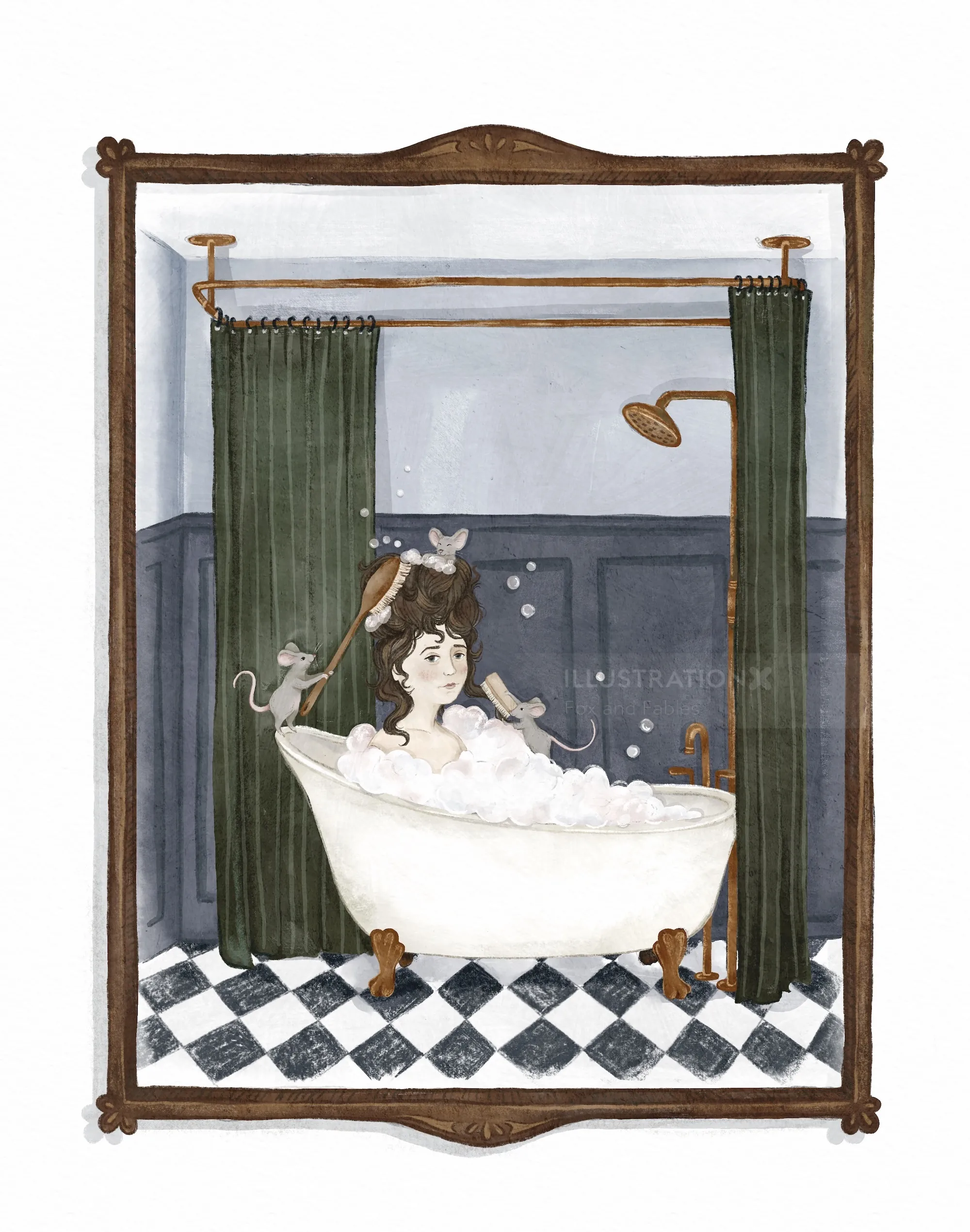 Eleanor bathing with small rats around in a vintage bathroom by Fox and Fables