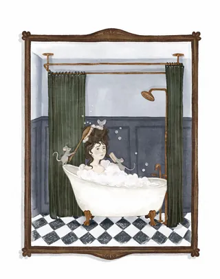 Eleanor bathing with small rats around in a vintage bathroom by Fox and Fables
