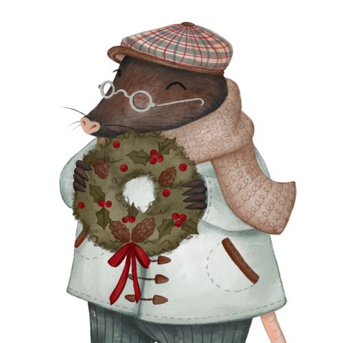 Mr. Christmas Mole holding a festive wreath, digital illustration by Fox and Fables