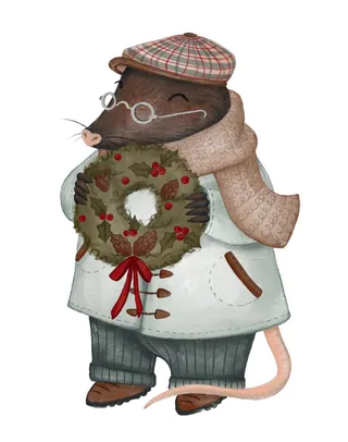 Mr. Christmas Mole holding a festive wreath, digital illustration by Fox and Fables