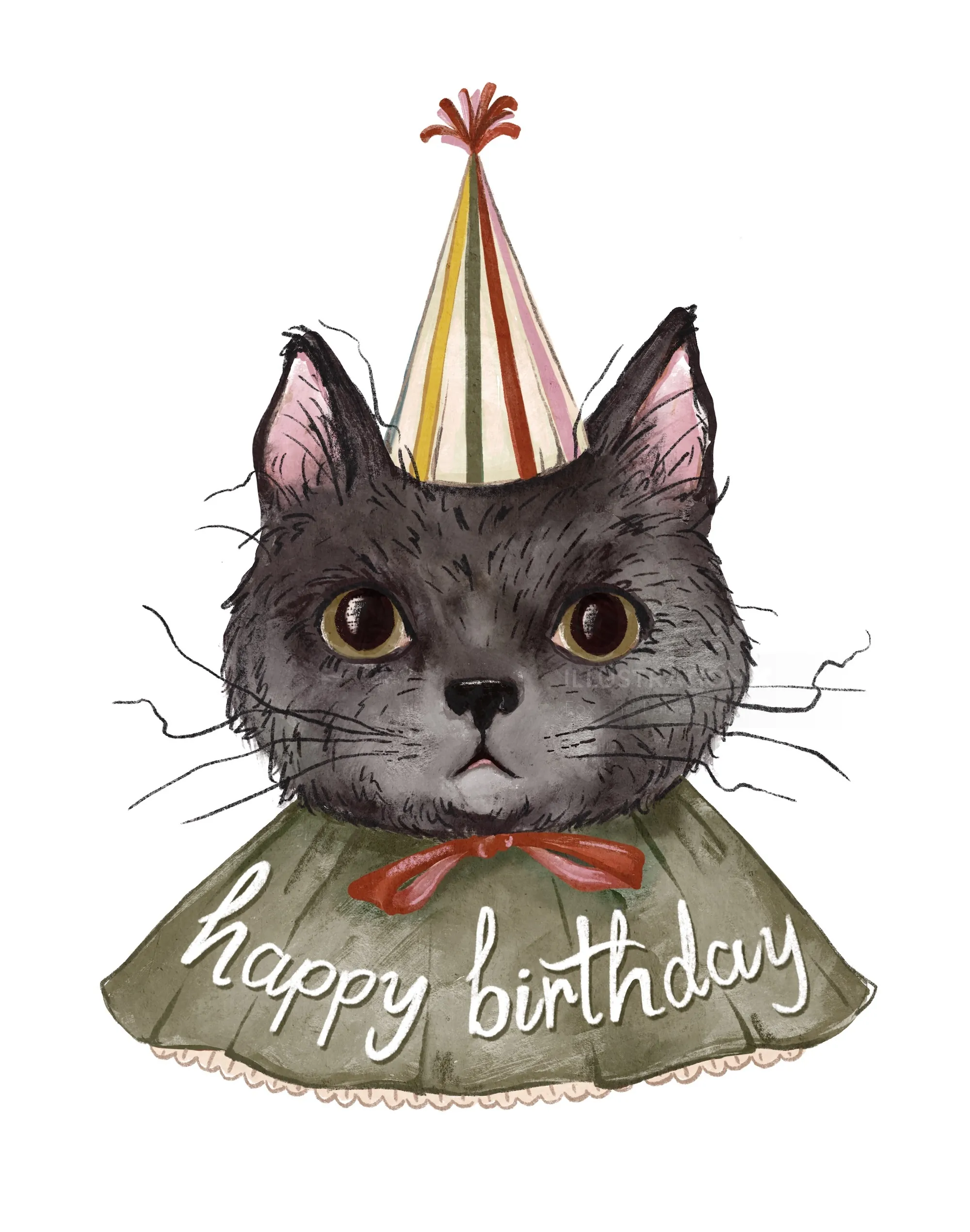 Illustration of a cat wearing a clown hat and birthday collar by Fox and Fables