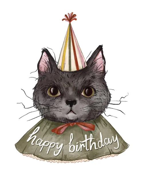 Illustration of a cat wearing a clown hat and birthday collar by Fox and Fables