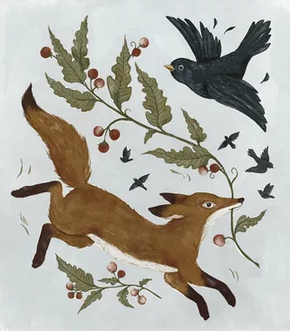 Fox chasing a crow near berry-laden branches, digital gouache by Fox and Fables