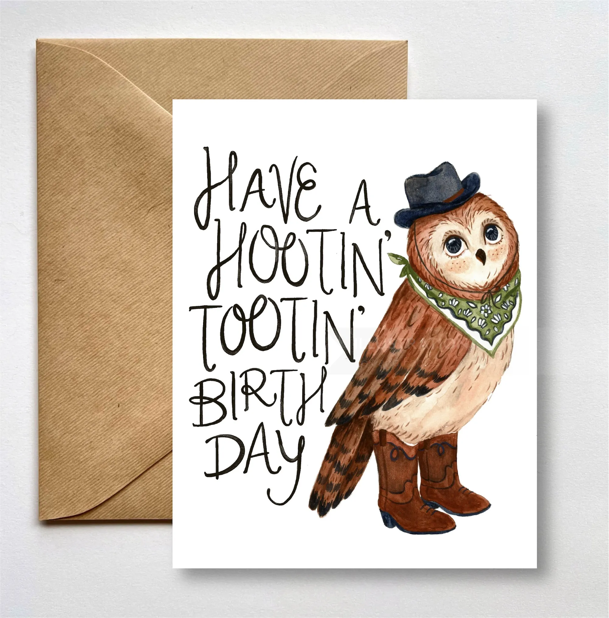 Birthday card with owl wearing cowboy hat and boots by Fox and Fables