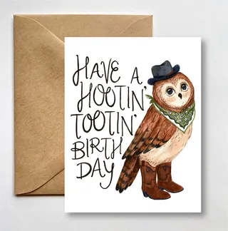 Birthday card with owl wearing cowboy hat and boots by Fox and Fables