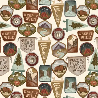 Pattern of illustrated outdoor patches with bears, trees, and wildlife by Fox and Fables