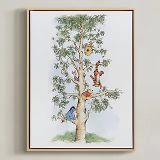Winnie the Pooh characters climbing a tree illustration by Fox and Fables