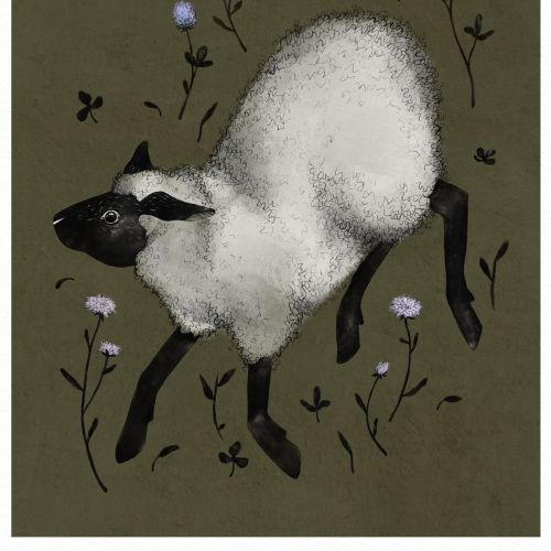 Digital illustration of a sheep surrounded by clover and flowers by Fox and Fables