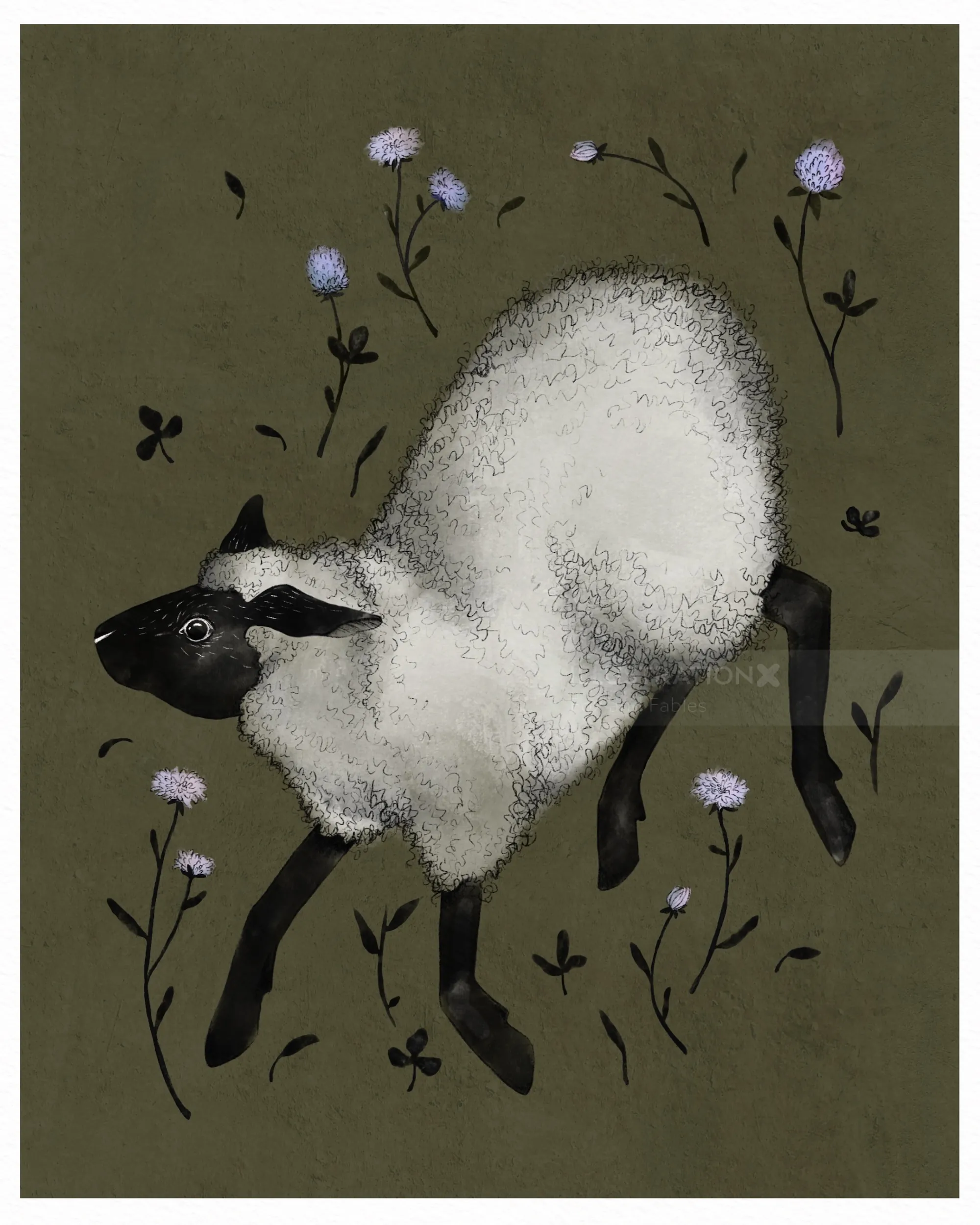 Digital illustration of a sheep surrounded by clover and flowers by Fox and Fables