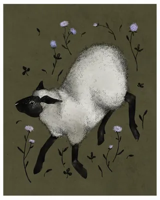 Digital illustration of a sheep surrounded by clover and flowers by Fox and Fables