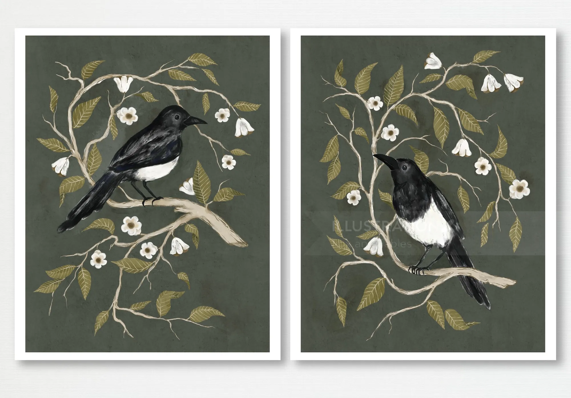 Two magpies perched on flowering branches digital oil painting by Fox and Fables