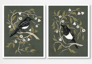 Two magpies perched on flowering branches digital oil painting by Fox and Fables
