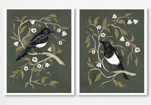 Two magpies perched on flowering branches digital oil painting by Fox and Fables