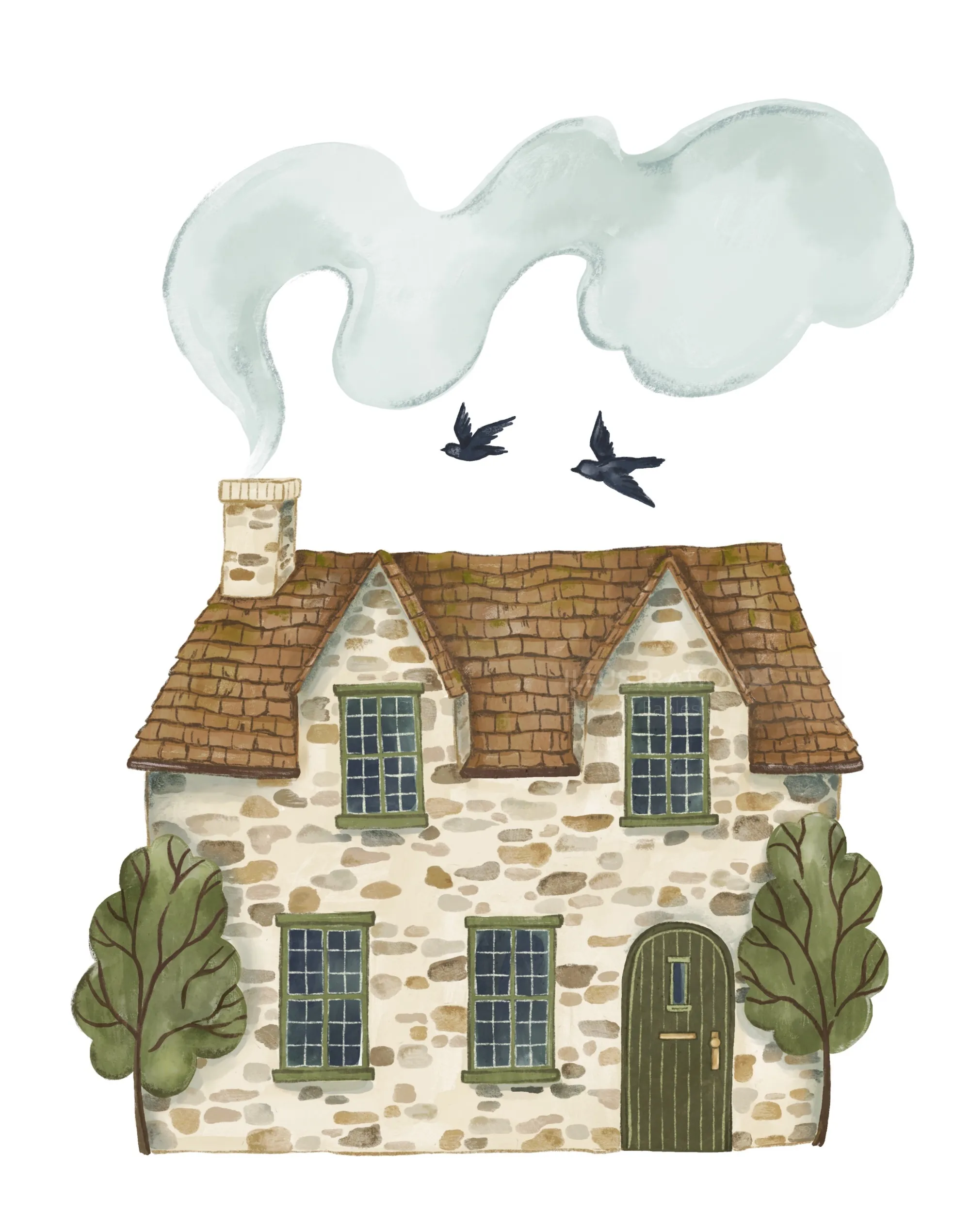 Watercolor English cottage with smoking chimney and birds by Fox and Fables