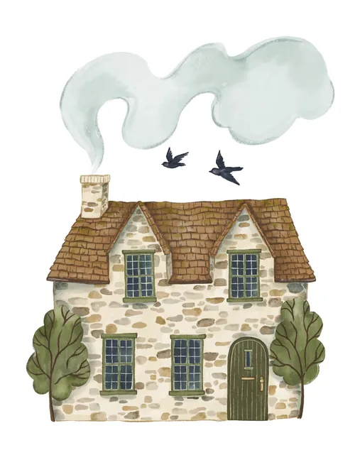 Watercolor English cottage with smoking chimney and birds by Fox and Fables