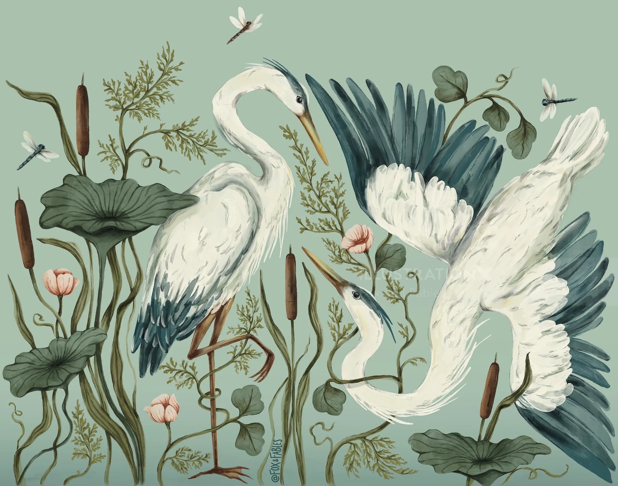 Wetland mural depicting wading birds and cattails by Fox and Fables