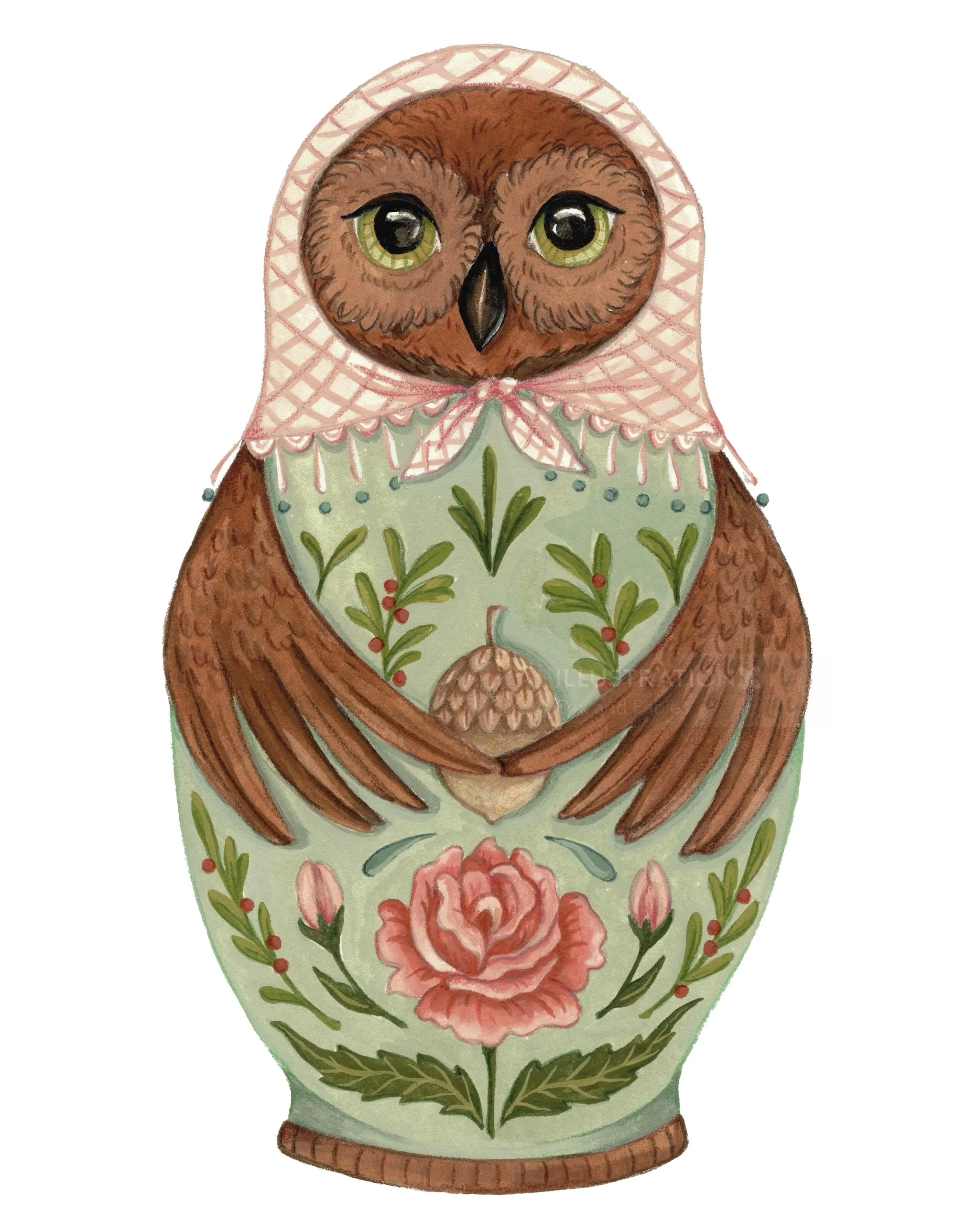 Folk art owl nesting doll with floral patterns, painted by Fox and Fables